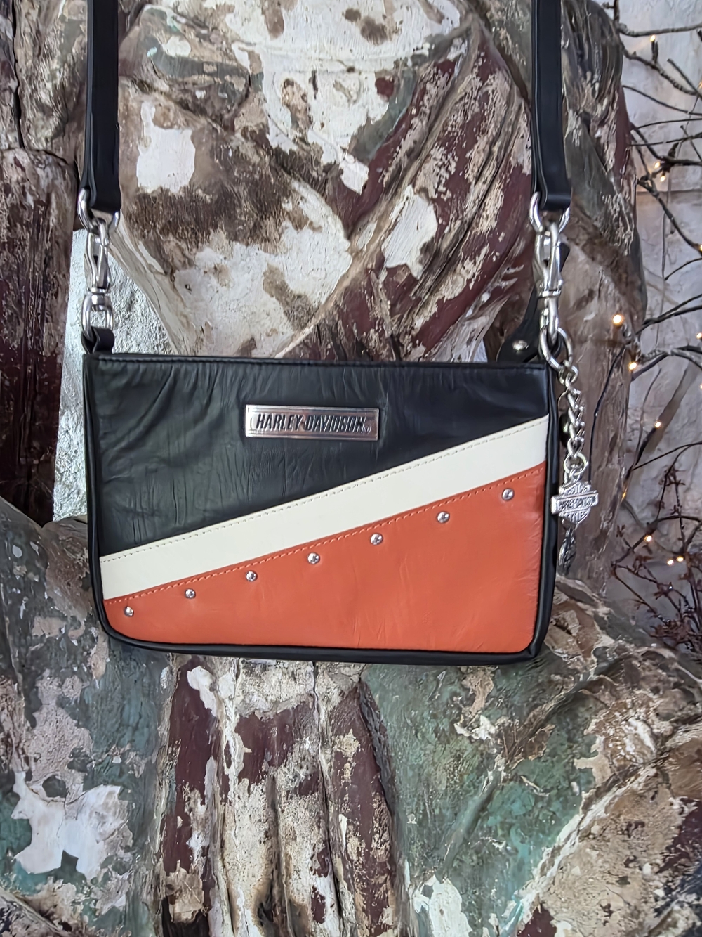 Harley-Davidson Black, Cream & Orange Studded Diagonal Panel Crossbody